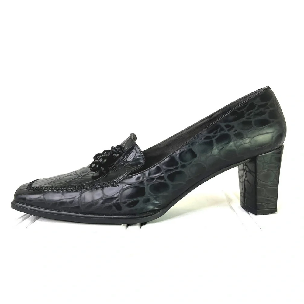 Stuart Weitzman black leather block heels square toe vintage animal prints 8.5 - Picture 3 of 14